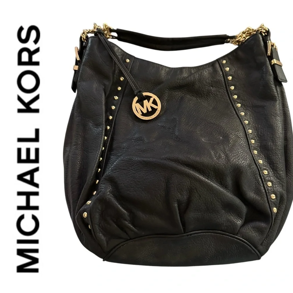 Michael Kors Black Leather Shoulder Bag with Gold Tone Accents - Picture 14 of 14